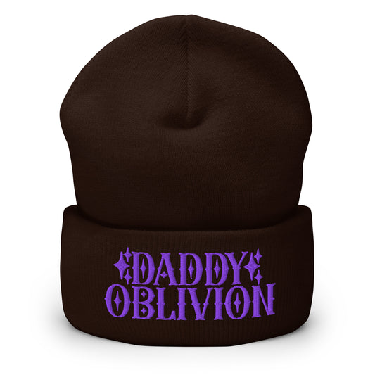 Brown embroidered beanie with purple design of Daddy Oblivion